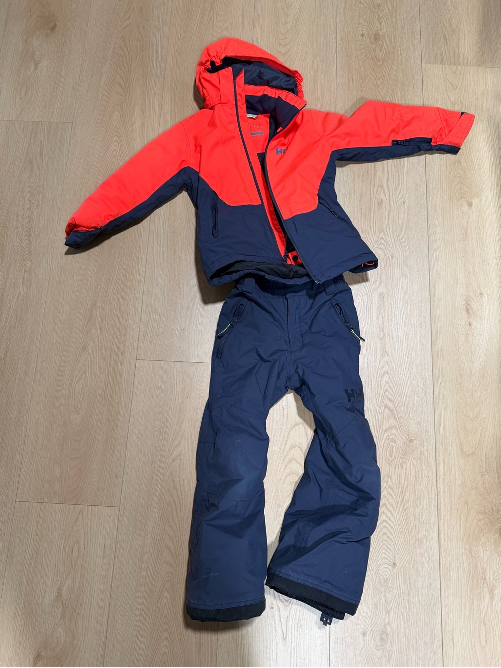 Helly Hansen Kids Bright Red and Navy Ski Jacket with Matching Bib Pants